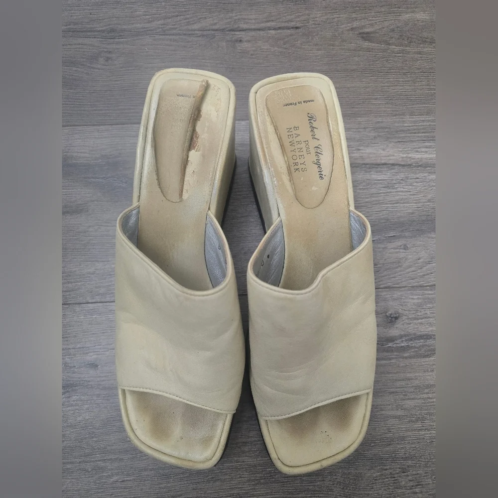 Robert Clergerie Leather Platform Mules Cream Womens Size 8 VTG